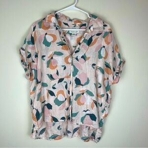 RACHEL ZOE Floral Linen Short Sleeve Button Front Top Medium